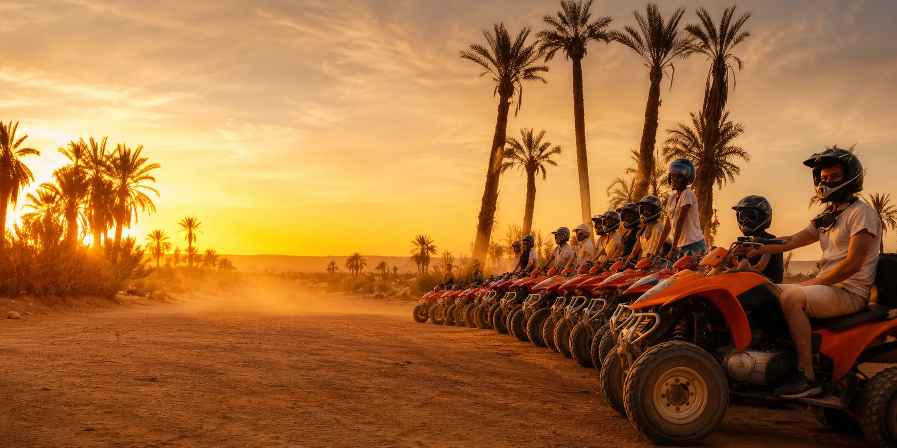 File de quads au coucher du soleil sous les palmiers de la Palmeraie de Marrakech